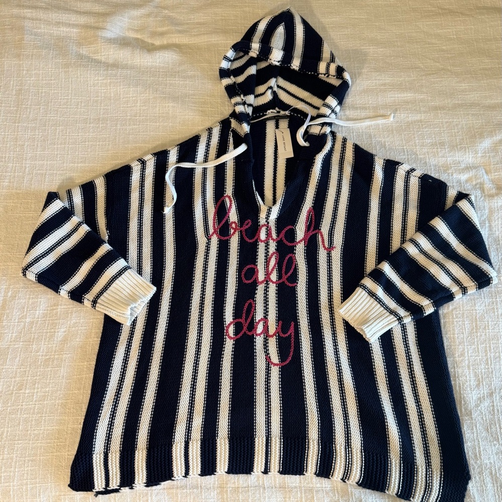 Lane Bryant Striped Navy and White Hooded Sweater, “Beach All Day” size 22/24